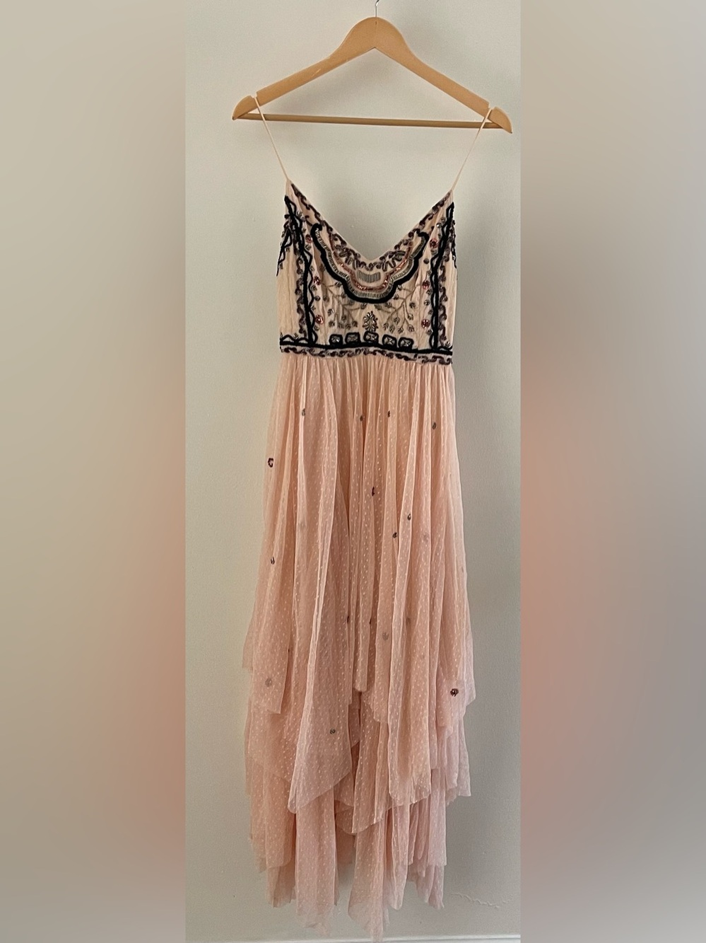 Free People Wild Flower Embellished Maxi Dress Size 4 Pink Boho Beaded Tulle